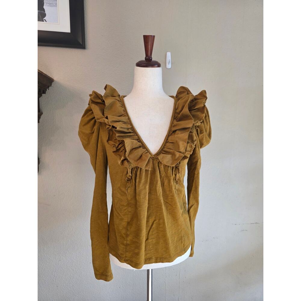 Anthropologie Women's Mustard Yellow Long Sleeve Ruffle Top SZ M Autumn Fall - Picture 3 of 8